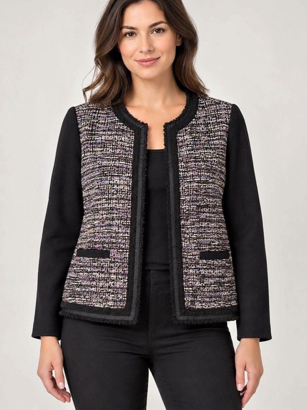 Chico's Black & Purple Open-Front Metallic Eyelash Tweed Blazer Jacket Eyelash